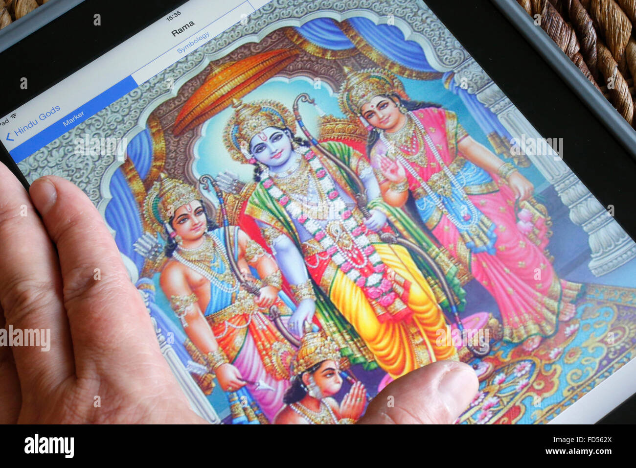 Hindu-Gottheiten auf einem Ipad. Rama. Stockfoto
