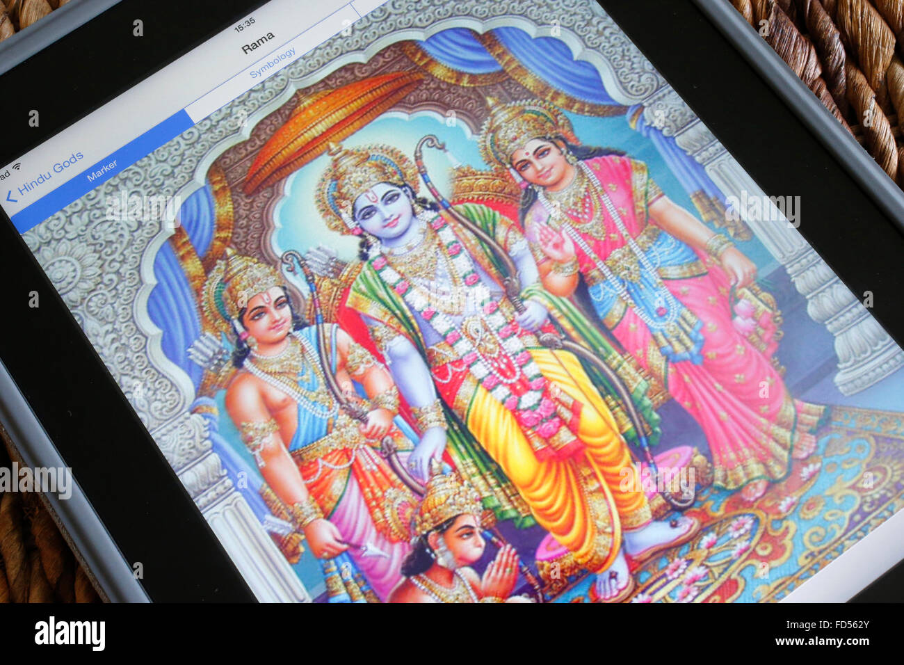 Hindu-Gottheiten auf einem Ipad. Rama. Stockfoto