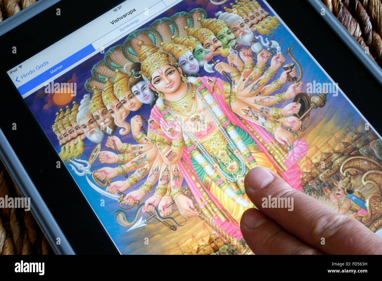 Hindu-Gottheit auf einem Ipad. Vishvarupa. Stockfoto