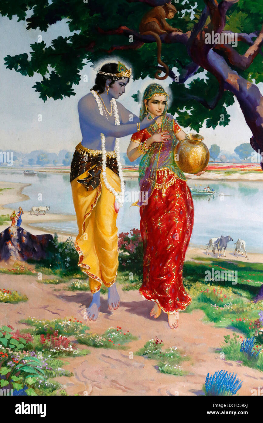 Religiöse Malerei an der ISKCON: Krishna und Radha. Stockfoto