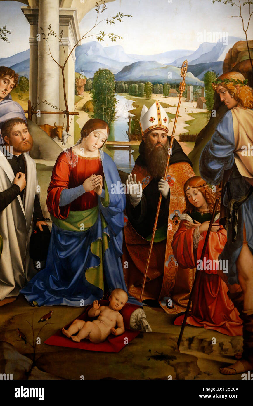 Nationalgalerie, Bologna. Anbetung von Jesus durch Maria, die Heiligen und Gönner. Francesco Raibolini, 1498/1499. Stockfoto