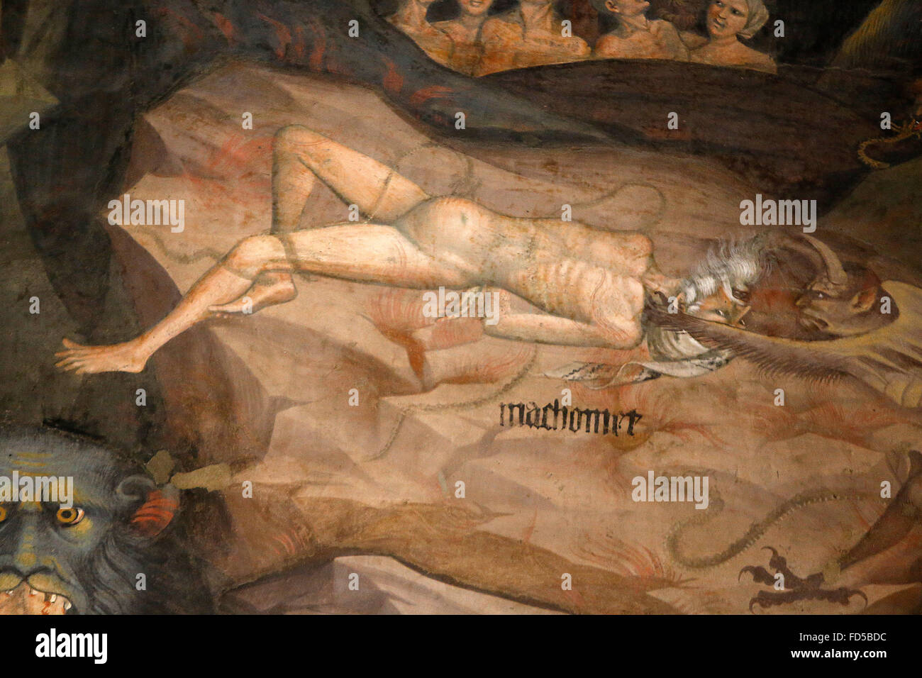 Basilika San Petronio, Bologna. Späte gotische Fresko Mohammed gefoltert in der Hölle. Giovanni da Modena. Stockfoto