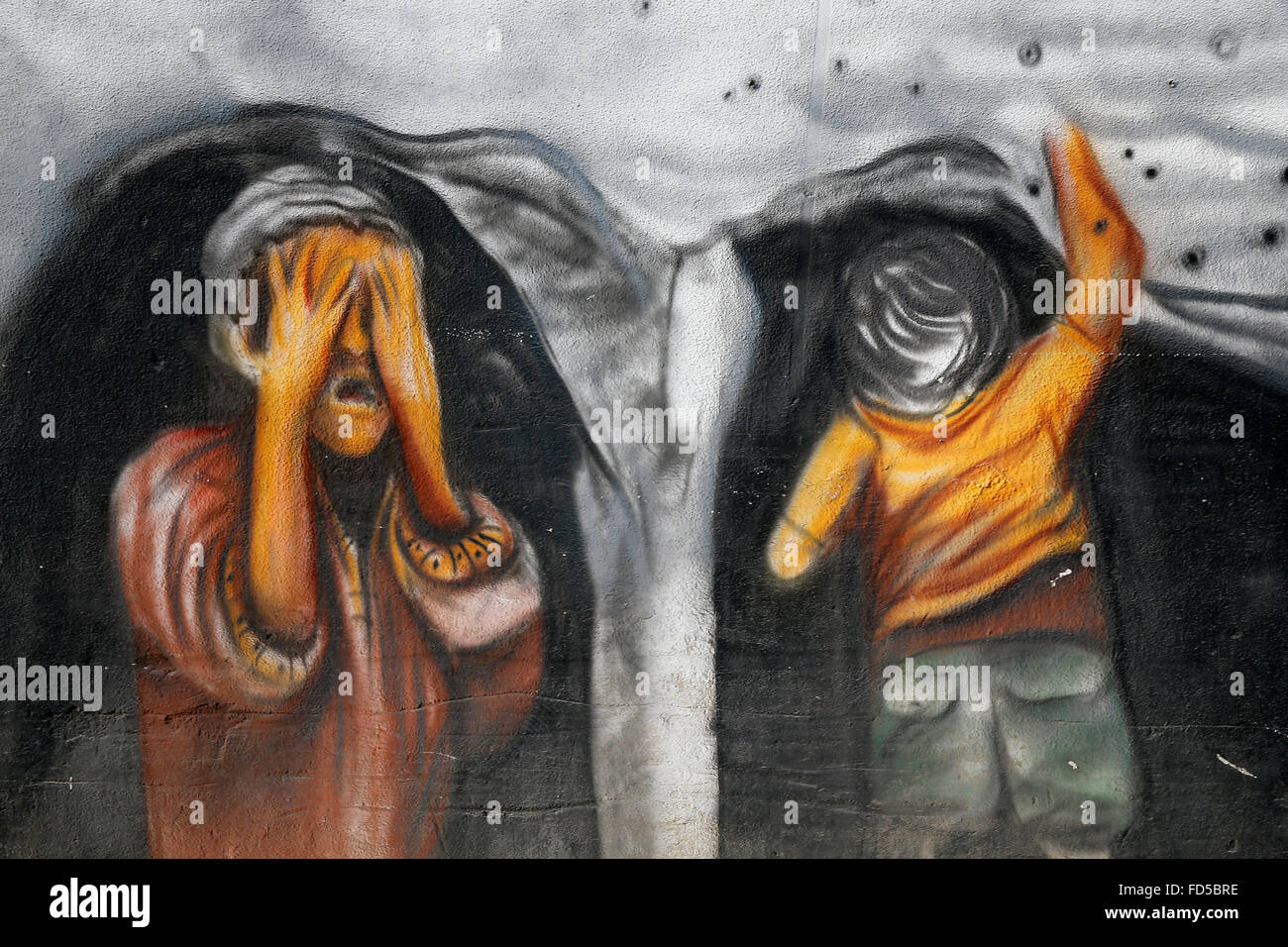 Wand-Kunst in der Nähe von Qalandiya Refugee Camp, Westjordanland, Palästina. Stockfoto