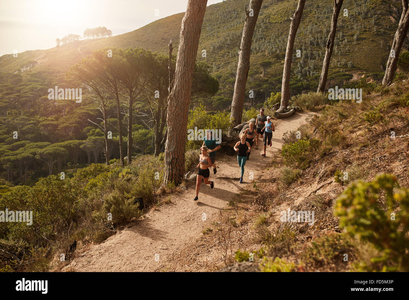 Erhöhte Ansicht des Club Gruppe Lauftraining auf Bergwegen. Gruppe von Fit Athleten laufen auf Bergpfad. Stockfoto