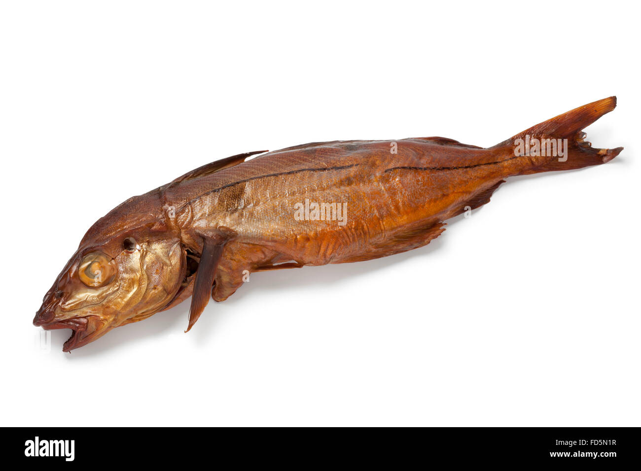 Geräucherten Schellfisch Fisch auf weißem Hintergrund Stockfoto