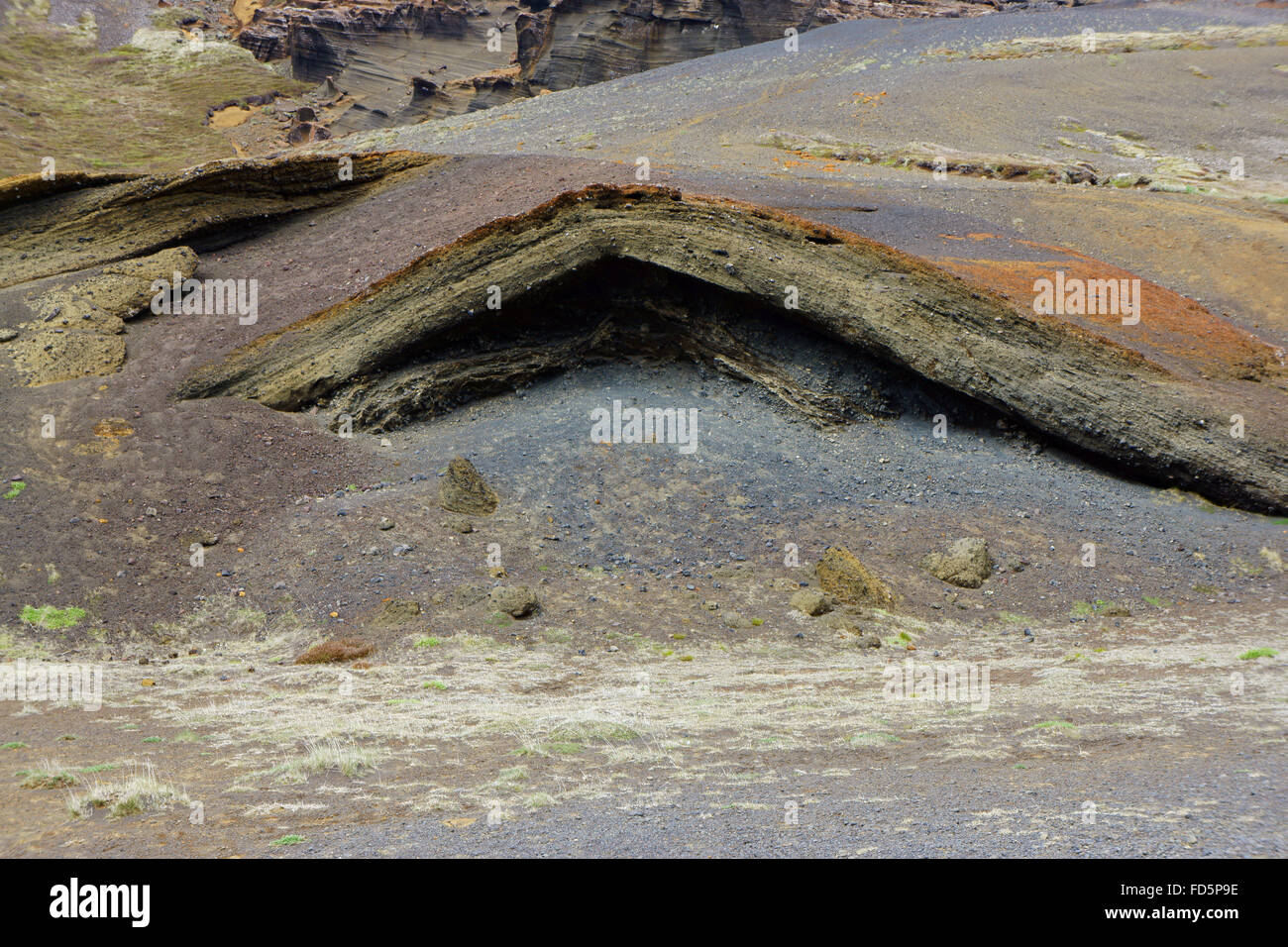 Erosion auf vulkanischem Gestein und Asche, in der Nähe von Leifarvatn See, SW Island Stockfoto
