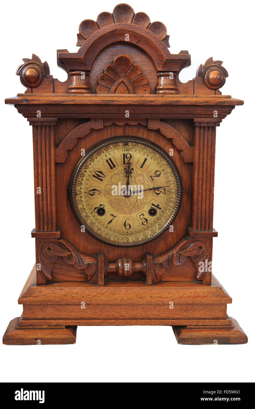 Ende des 19. Jahrhunderts amerikanische Eiche Mantel Clock von Jerome & Co auf weißem Hintergrund Stockfoto