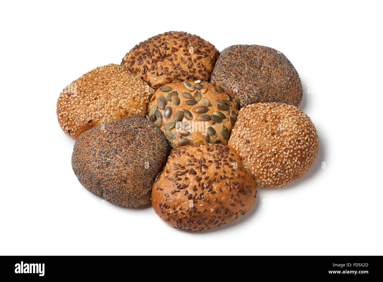 Frische Blumen Brot mit verschiedenen Samen auf weißem Hintergrund Stockfoto