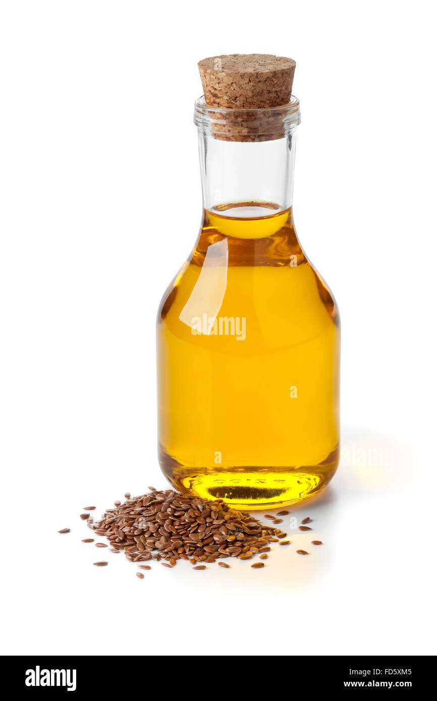 Flasche von Leinsamen-Öl Ans Samen auf weißem Hintergrund Stockfoto