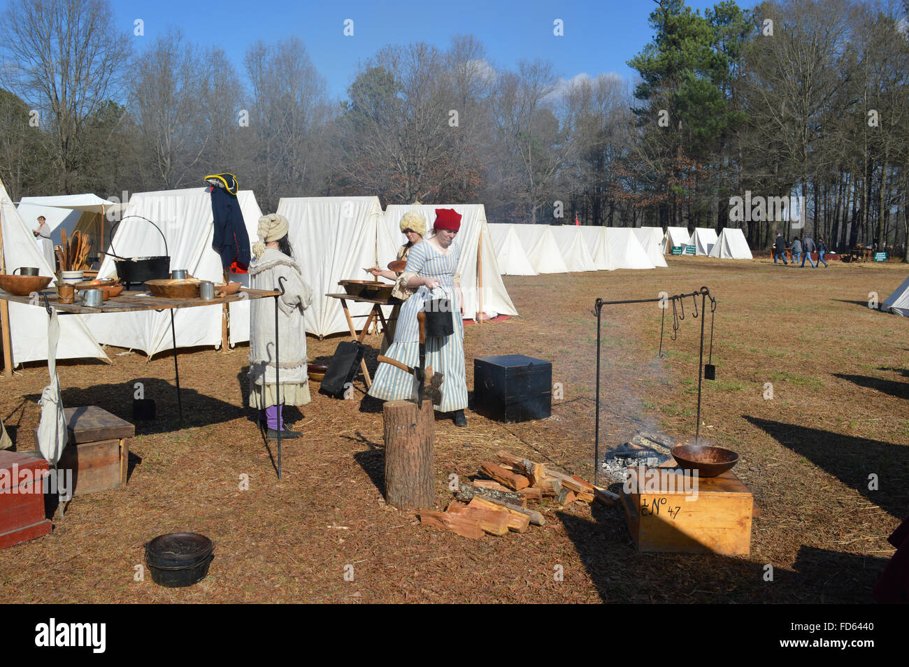 Reenactment der Schlacht von Cowpens in Cowpens in South Carolina.  Die Teilnehmer einer amerikanischen Unabhängigkeitskrieg Zelte. Stockfoto