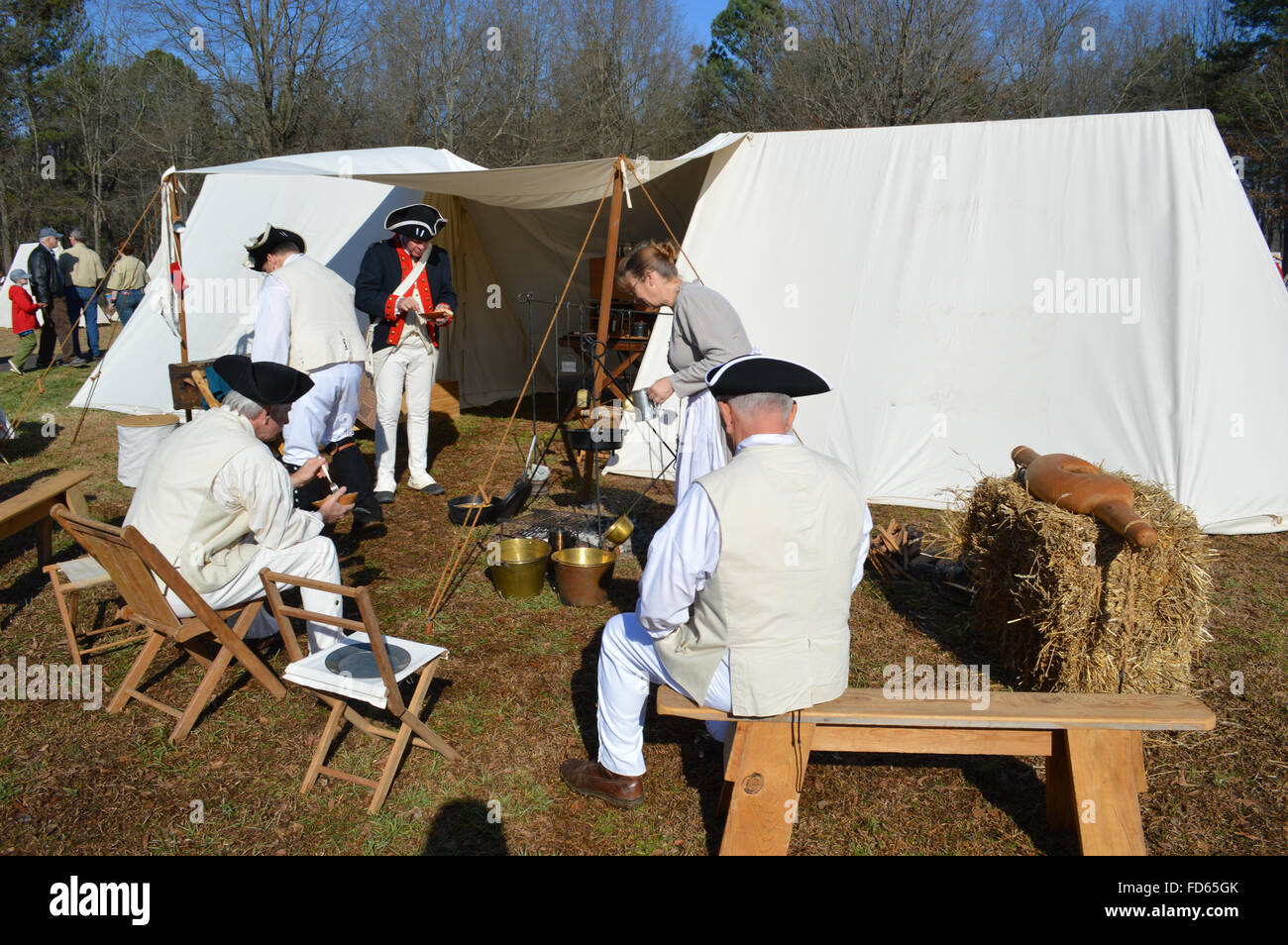 Reenactment der Schlacht von Cowpens in Cowpens in South Carolina.  Die Teilnehmer einer amerikanischen Unabhängigkeitskrieg Zelte. Stockfoto