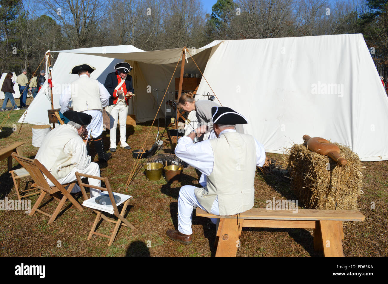 Reenactment der Schlacht von Cowpens in Cowpens in South Carolina.  Die Teilnehmer einer amerikanischen Unabhängigkeitskrieg Zelte. Stockfoto