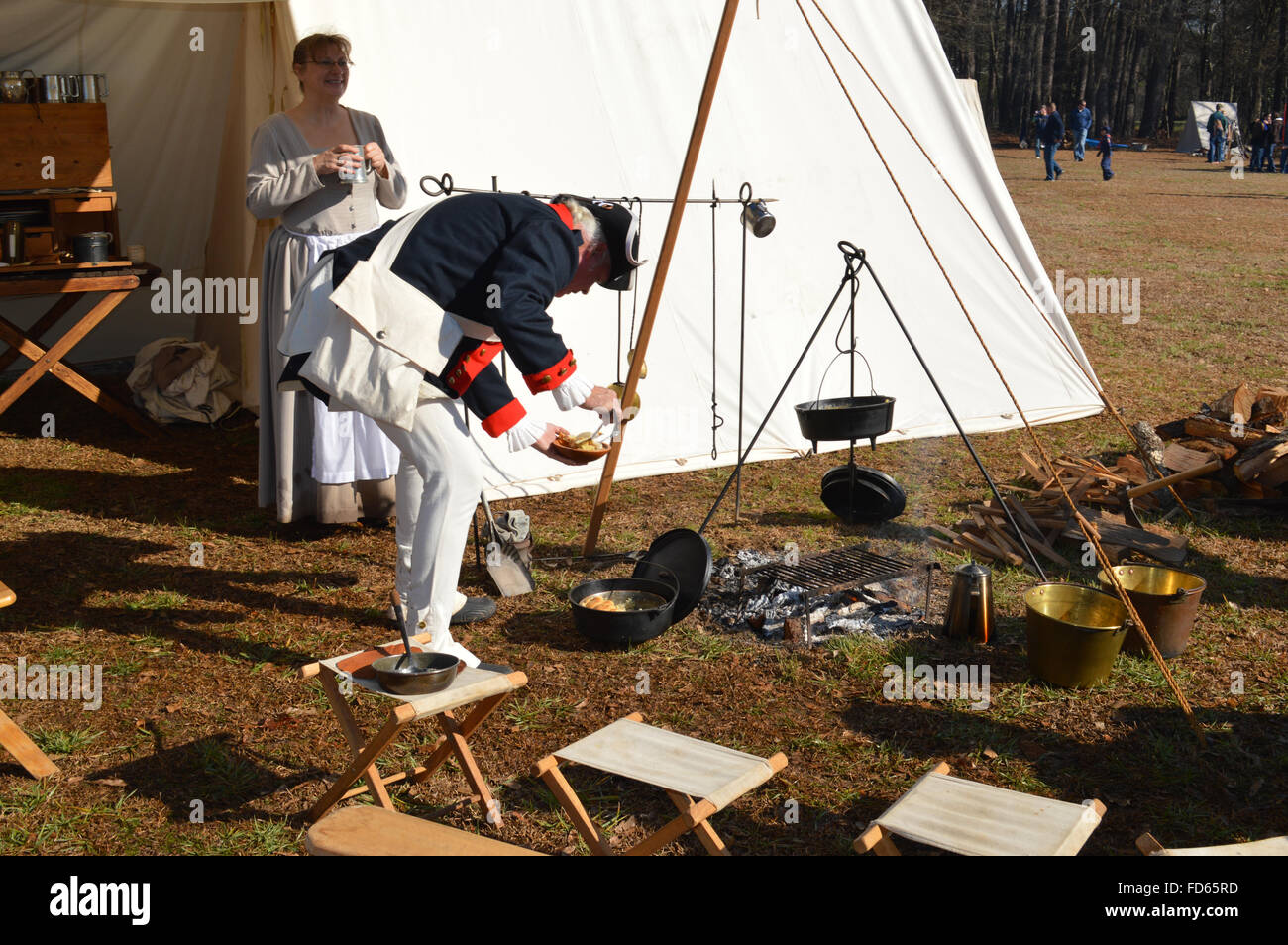 Reenactment der Schlacht von Cowpens in Cowpens in South Carolina.  Die Teilnehmer einer amerikanischen Unabhängigkeitskrieg Zelte. Stockfoto