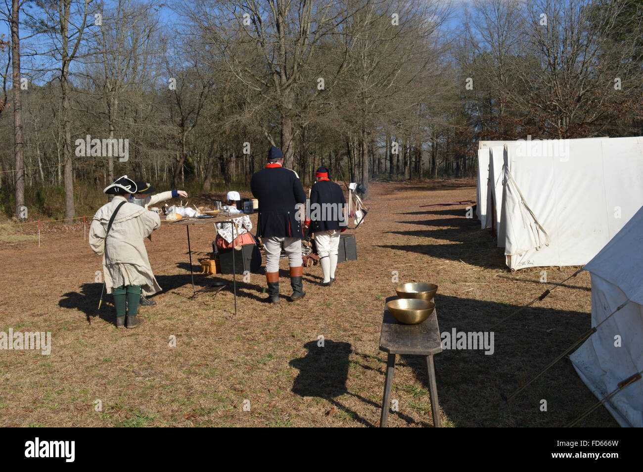 Reenactment der Schlacht von Cowpens in Cowpens in South Carolina.  Die Teilnehmer einer amerikanischen Unabhängigkeitskrieg Zelte. Stockfoto