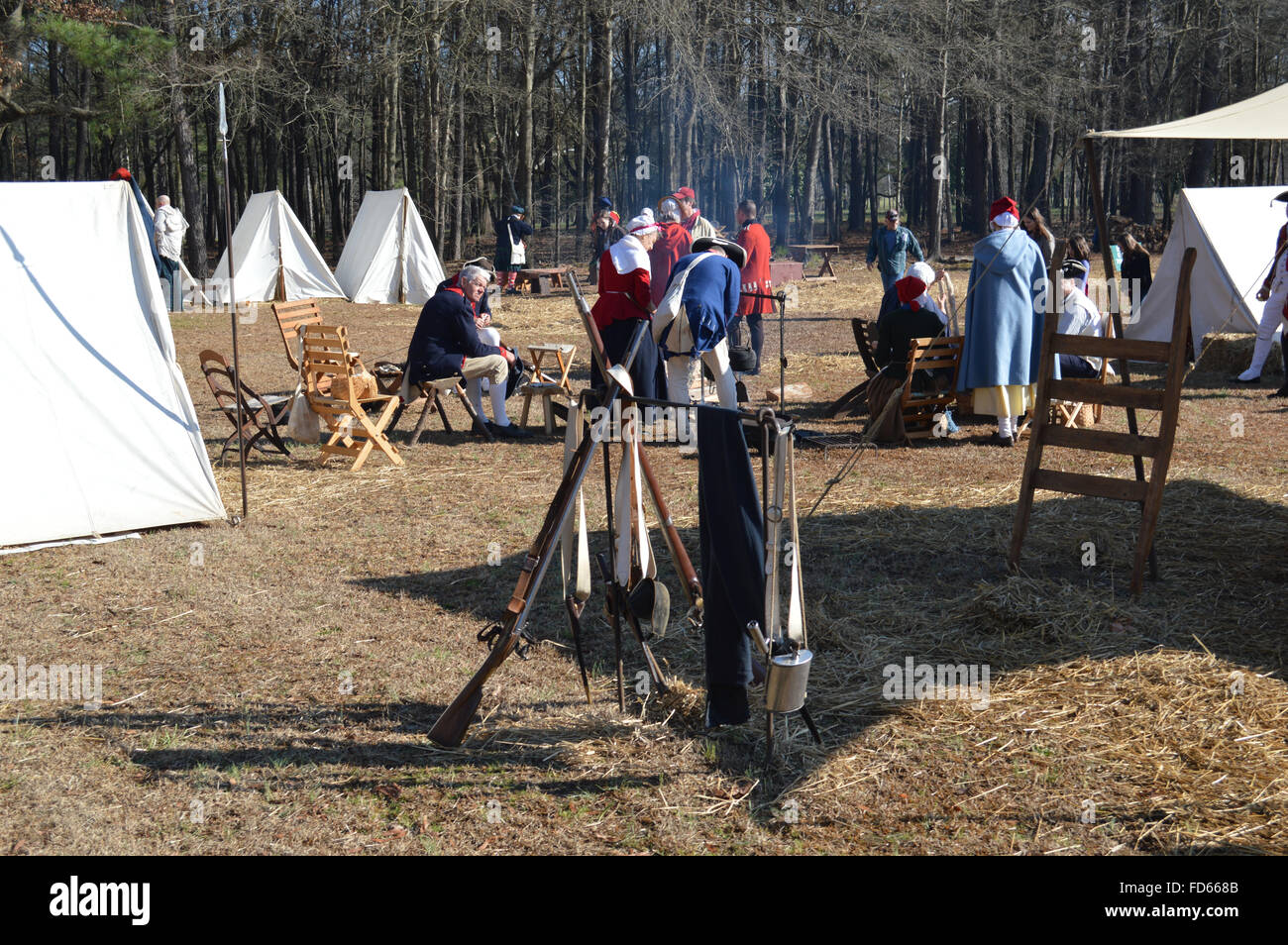 Reenactment der Schlacht von Cowpens in Cowpens in South Carolina.  Die Teilnehmer einer amerikanischen Unabhängigkeitskrieg Zelte. Stockfoto