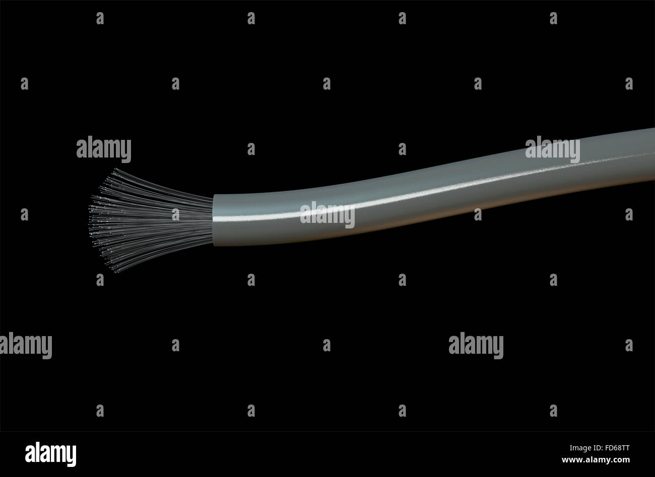Ein Makro-Blick auf ein Glasfaserkabel auf einem dunklen Studio-Hintergrund Stockfoto Ein Makro-Blick auf ein Glasfaserkabel auf einem dunklen Studio-Hintergrund Stockfoto