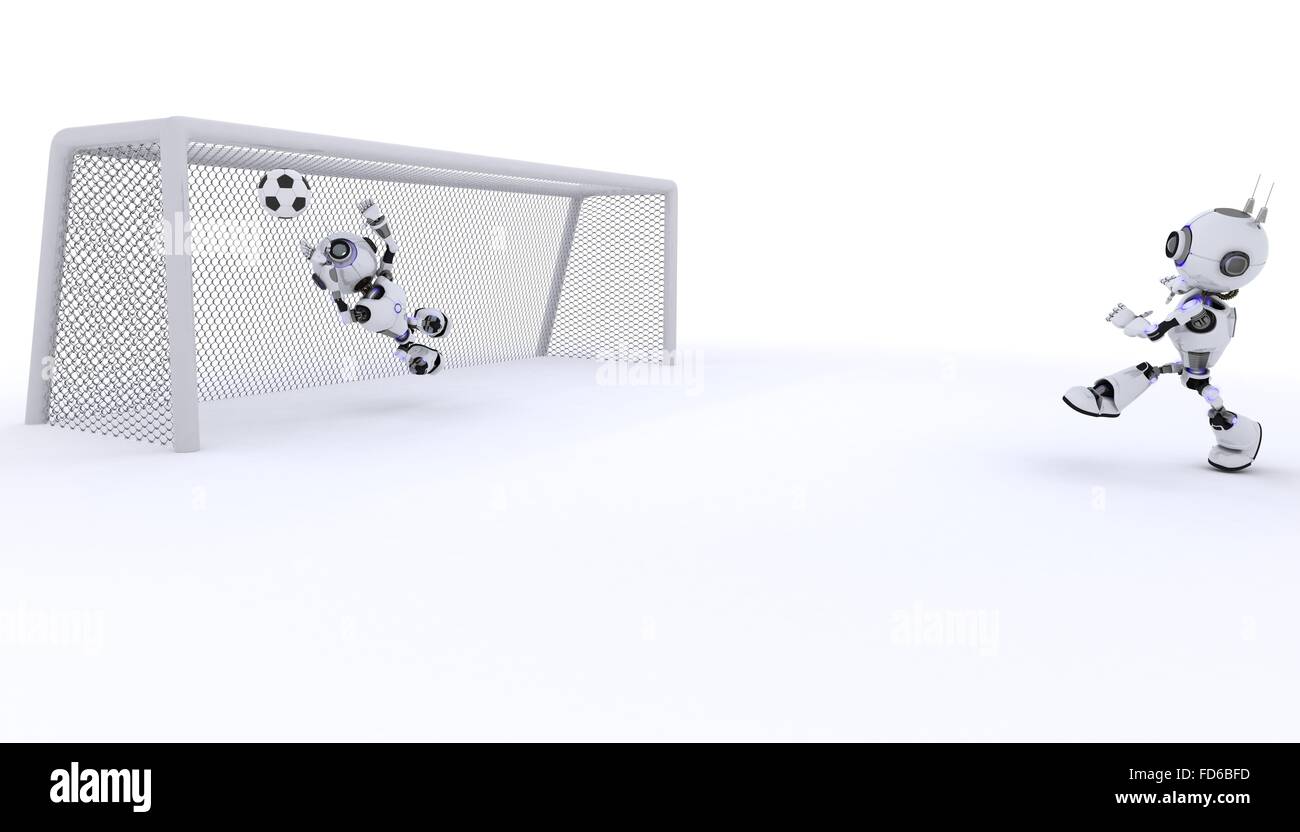 3D Rendern eines Roboters Fußball spielen Stockfoto