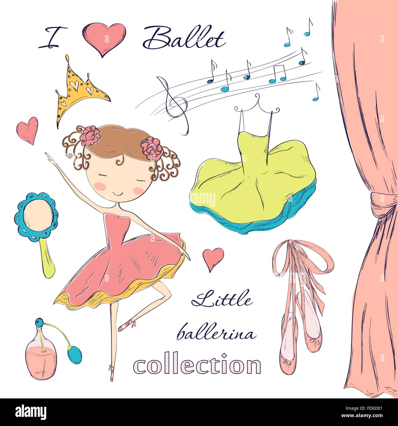 Hand gezeichnet Ballerina und Zubehör doodle Design-Elemente auf Kariertes Notizbuch Seitenhintergrund festlegen. Vektor-Illustration. Stock Vektor