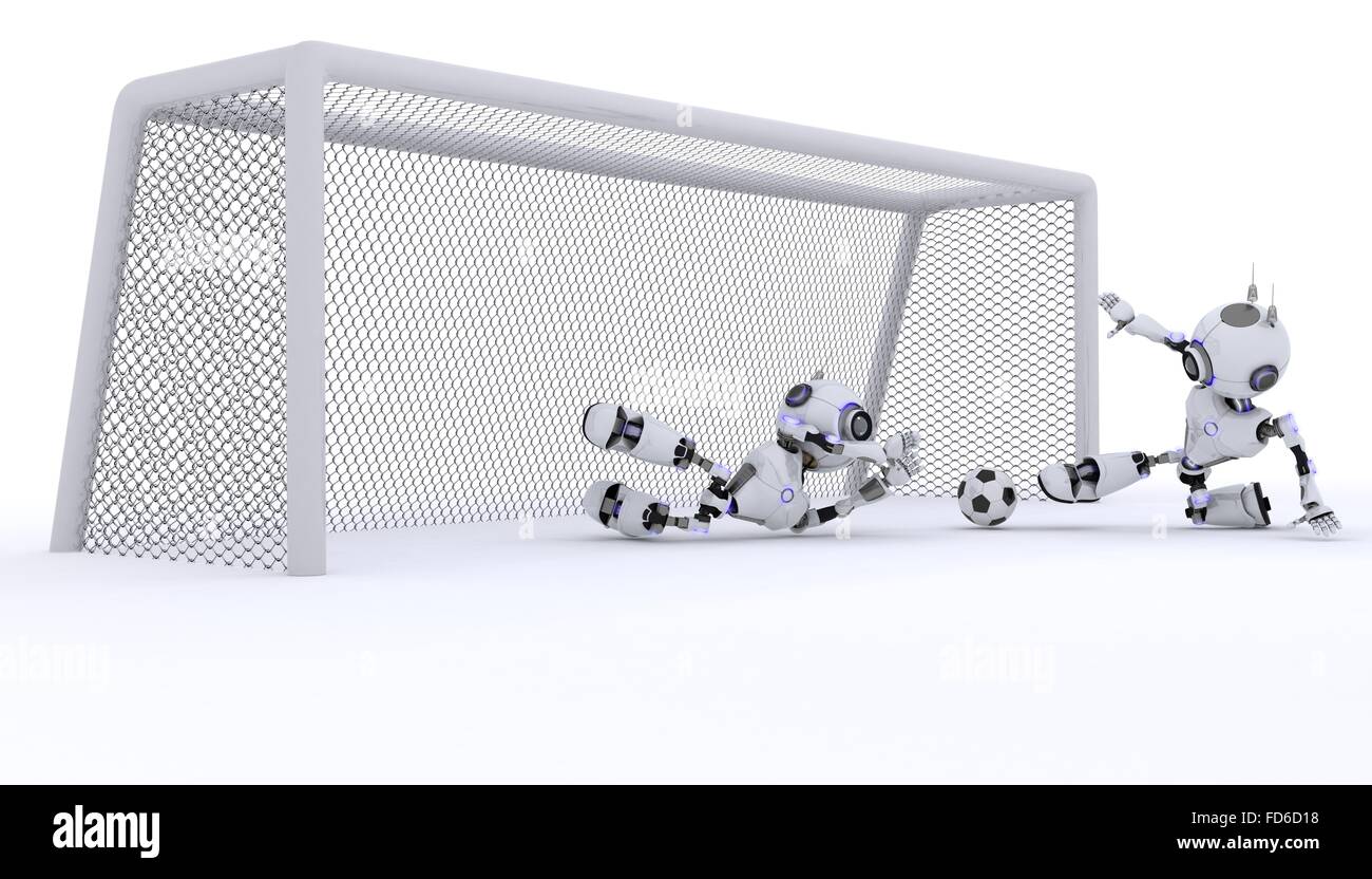 3D Rendern eines Roboters Fußball spielen Stockfoto