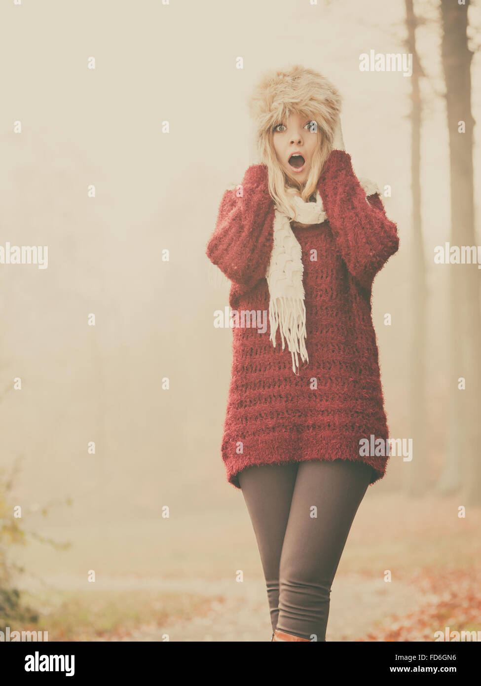 Ziemlich erstaunt, überrascht, modische Frau in fallen Waldpark. Wunderschöne junge Mädchen in Fell Winter Hut, braunen Pullover Pullover. Stockfoto