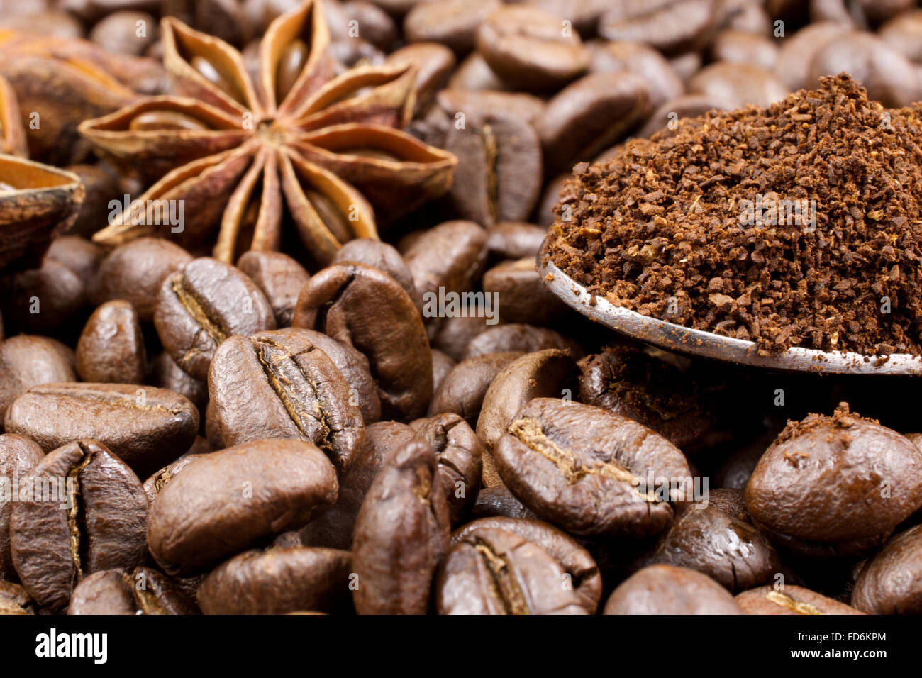 Gemahlenen Kaffee in den Löffel und Anis auf Kaffeebohnen Hintergrund Stockfoto