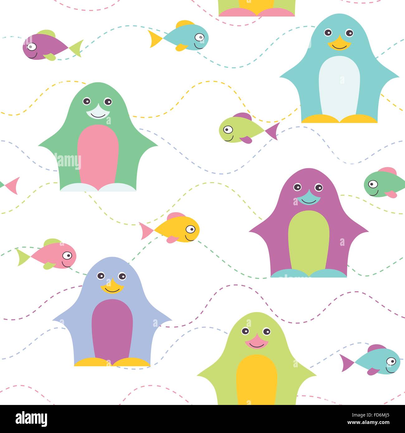 Pinguin und Fisch Musterdesign. Kindisch Hintergrund. Ferien-Design. Vektor-Illustration. Stock Vektor