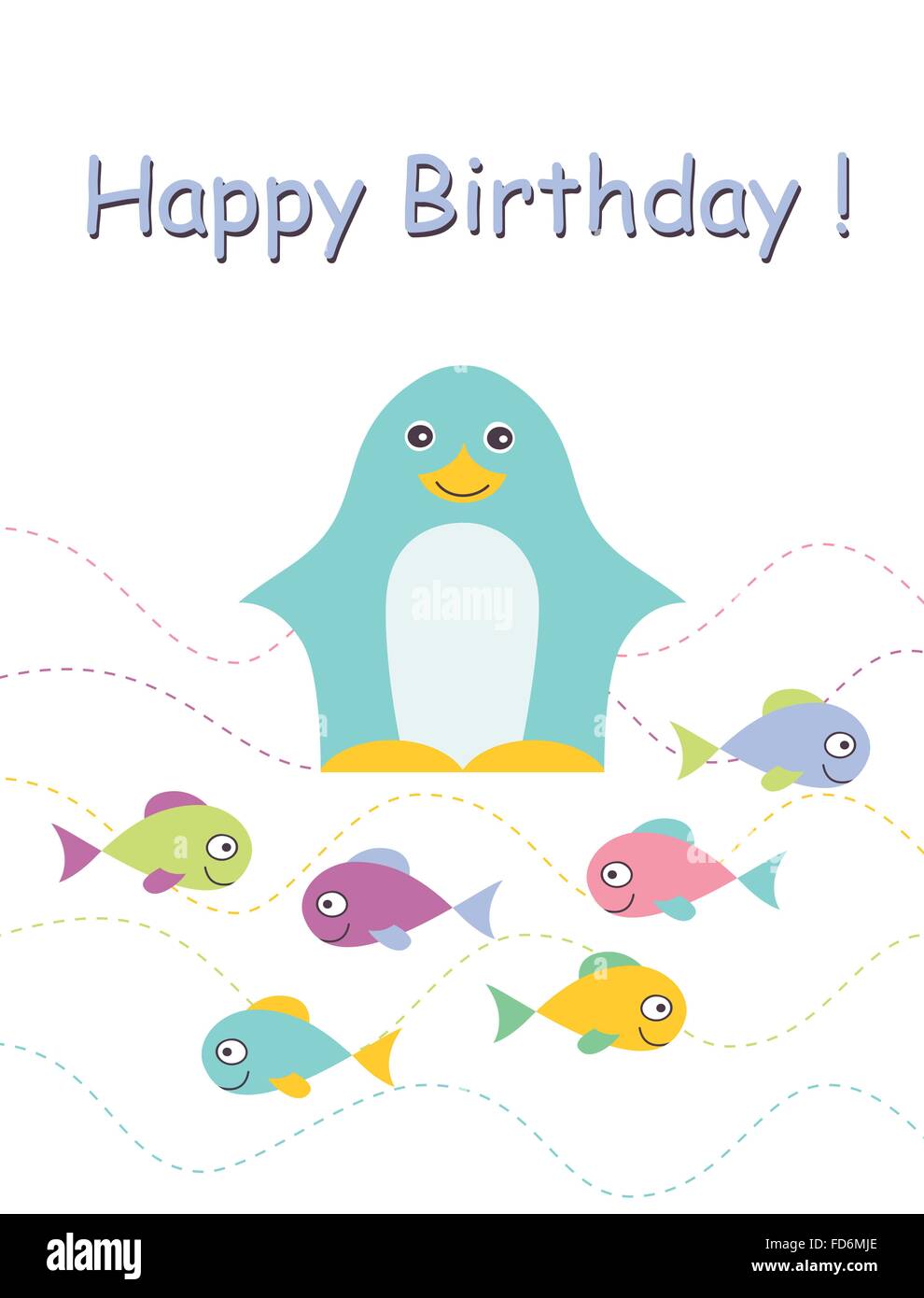 Alles Gute zum Geburtstagskarte mit Pinguin und Fisch. Kindisch Hintergrund. Ferien-Design. Vektor-Illustration. Stock Vektor