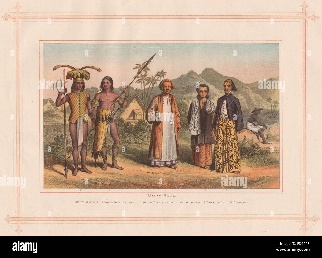 MALAIISCHE Rennen: Borneo Saghai & Loondoo Dyaks. Java Priester Lady Gentleman, 1882 Stockfoto