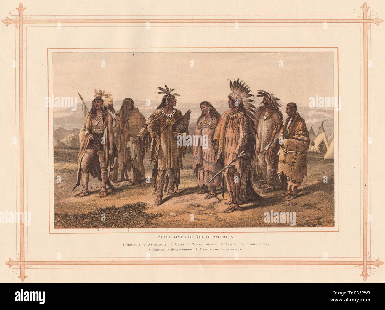 Indianer: Iriquois Assineboin Krähe Pawnee Dakotah Sioux Krieger, 1882 Stockfoto