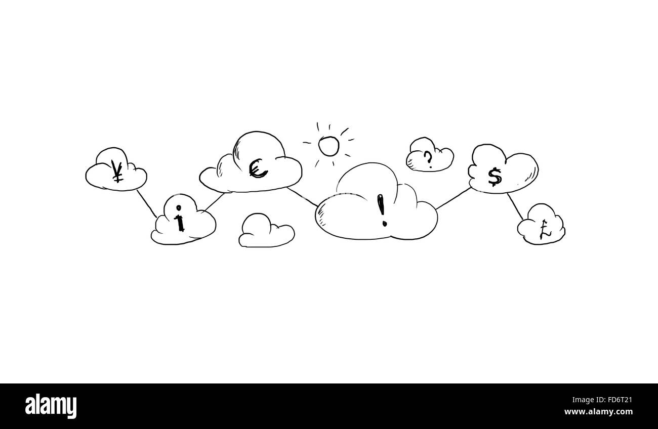 Konzeptbild mit Zeichnungen und Währungszeichen Stockfoto