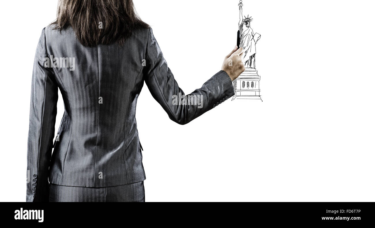Rückansicht des Geschäftsfrau, Zeichnung, Plan oder Strategie Stockfoto