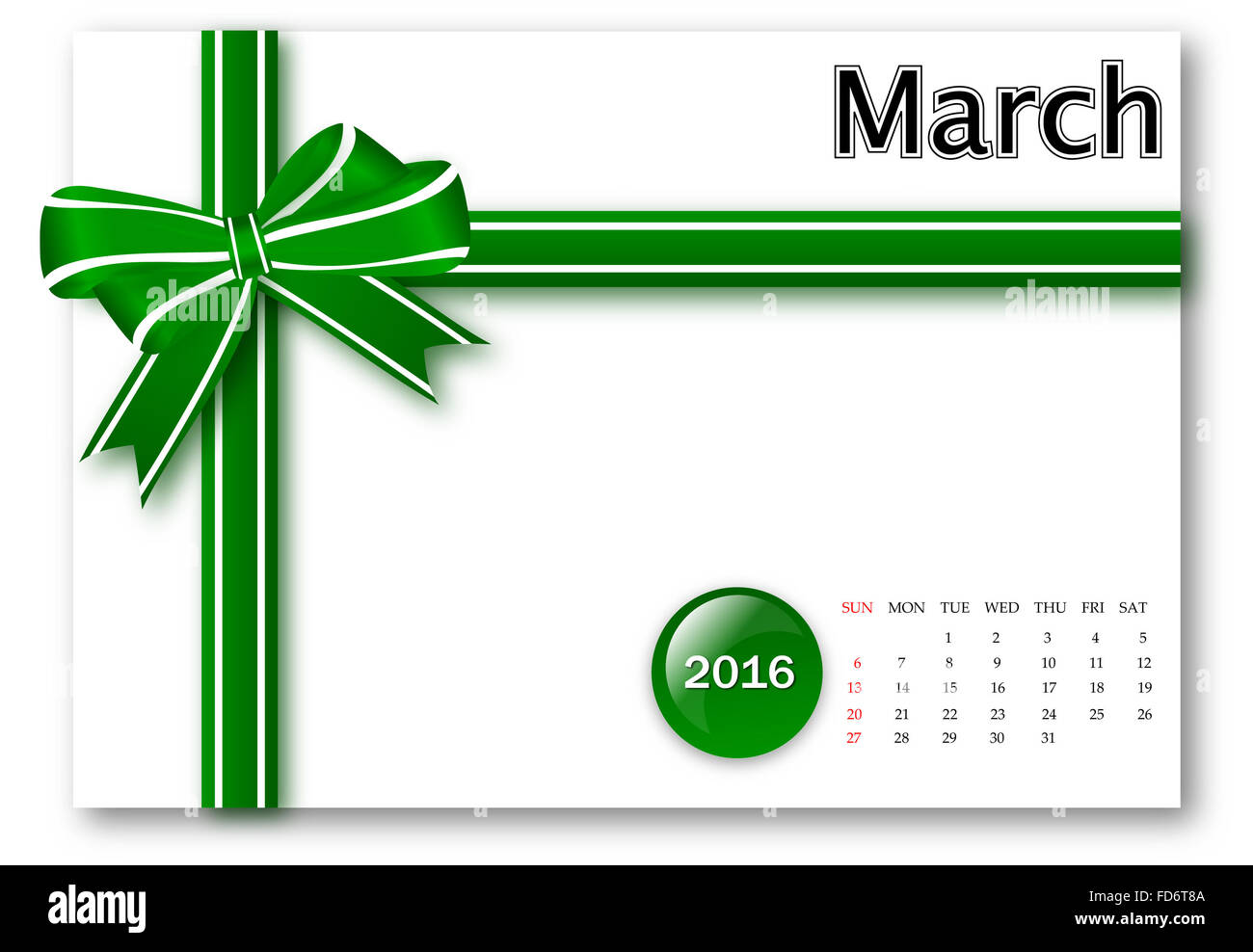 März 2016 - Kalender-Serie mit Geschenk Ribbon design Stockfoto