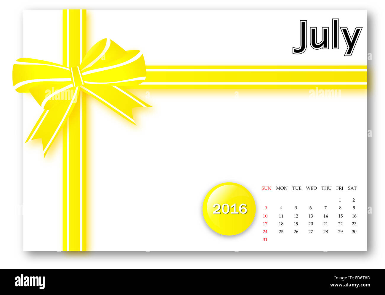 Juli 2016 - Kalender-Serie mit Geschenk Ribbon design Stockfoto