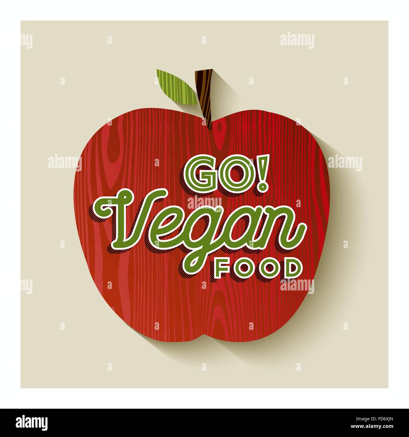 Roter Apfel auf Holz Textur mit go Vegan essen Text Konzept Abbildung. EPS10 Vektor. Stock Vektor