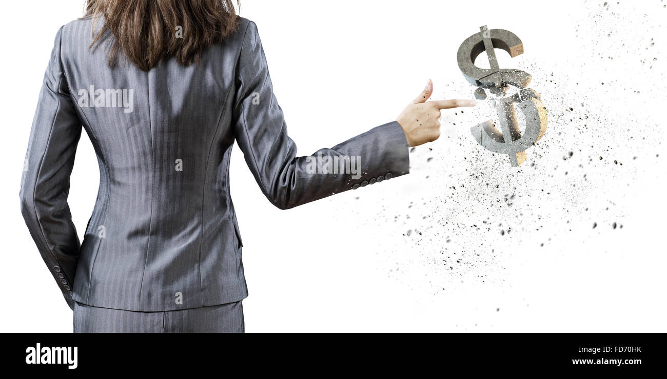 Rückansicht der Geschäftsfrau hält Geldsymbol in Handfläche Stockfoto