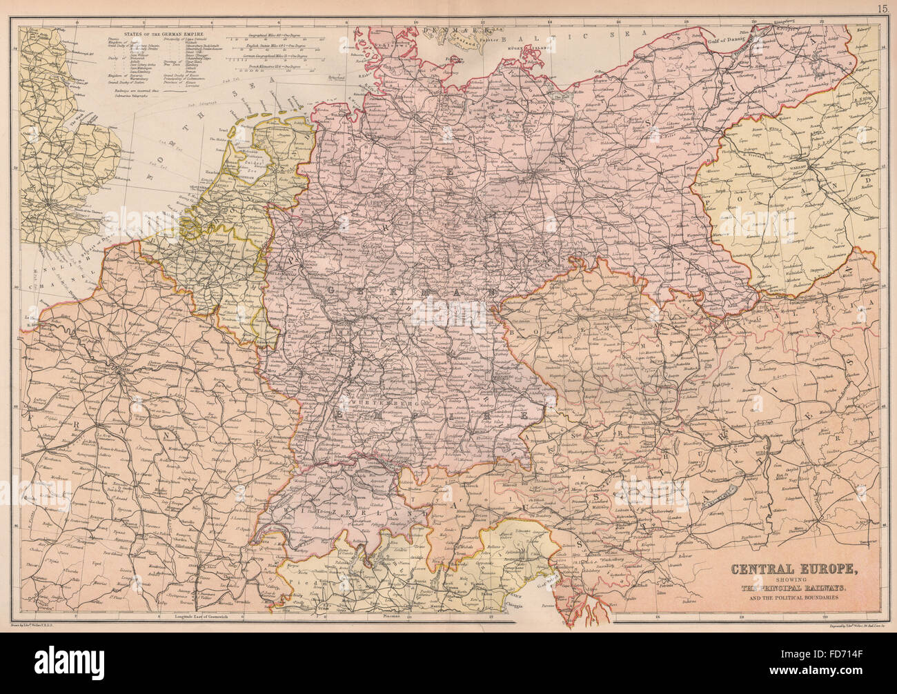 Mitteleuropa: Eisenbahnen. Maßstab in deutschen & englische Meilen & km BLACKIE 1882 Karte Stockfoto