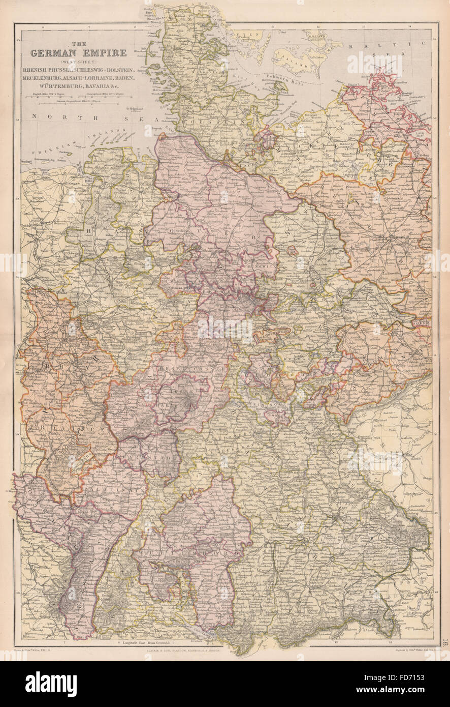 Deutsches Reich WEST: Inc. Elsass-Lothringen. Rheinischen Preußen Bayern & c, 1882 Karte Stockfoto
