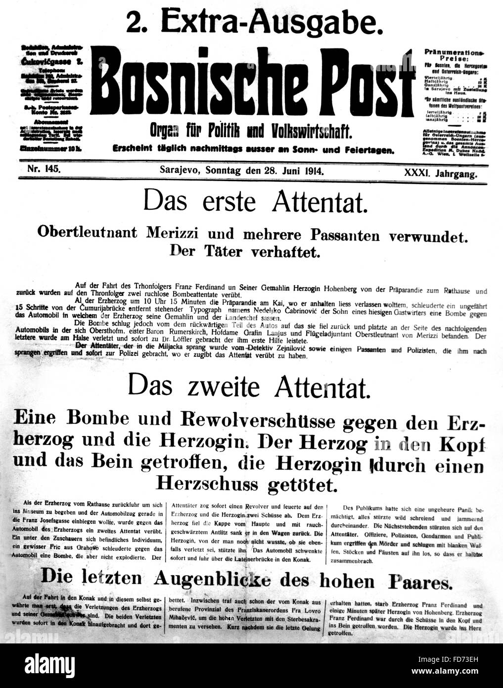 Sonderausgabe der bosnischen Post, 1914 Stockfoto