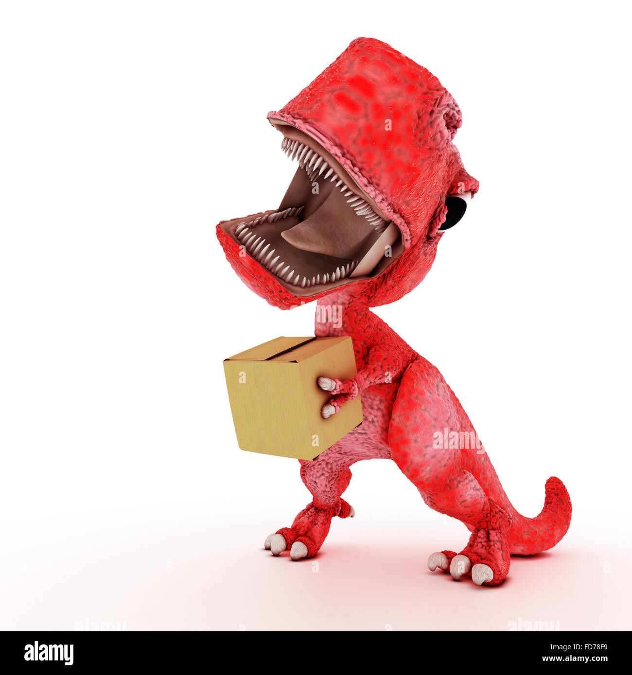3D Rendern der freundliche Karikatur Dinosaurier mit Karton Stockfoto