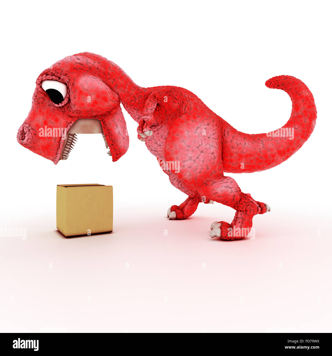 3D Rendern der freundliche Karikatur Dinosaurier mit Karton Stockfoto