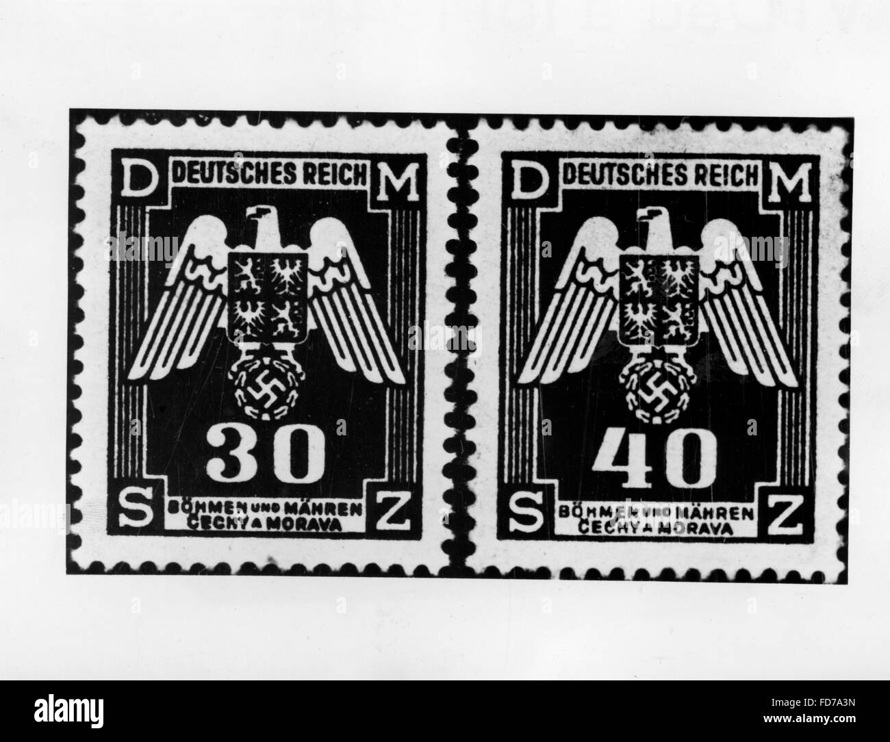 Briefmarken aus dem Protektorat Böhmen und Mähren, 1943 Stockfoto