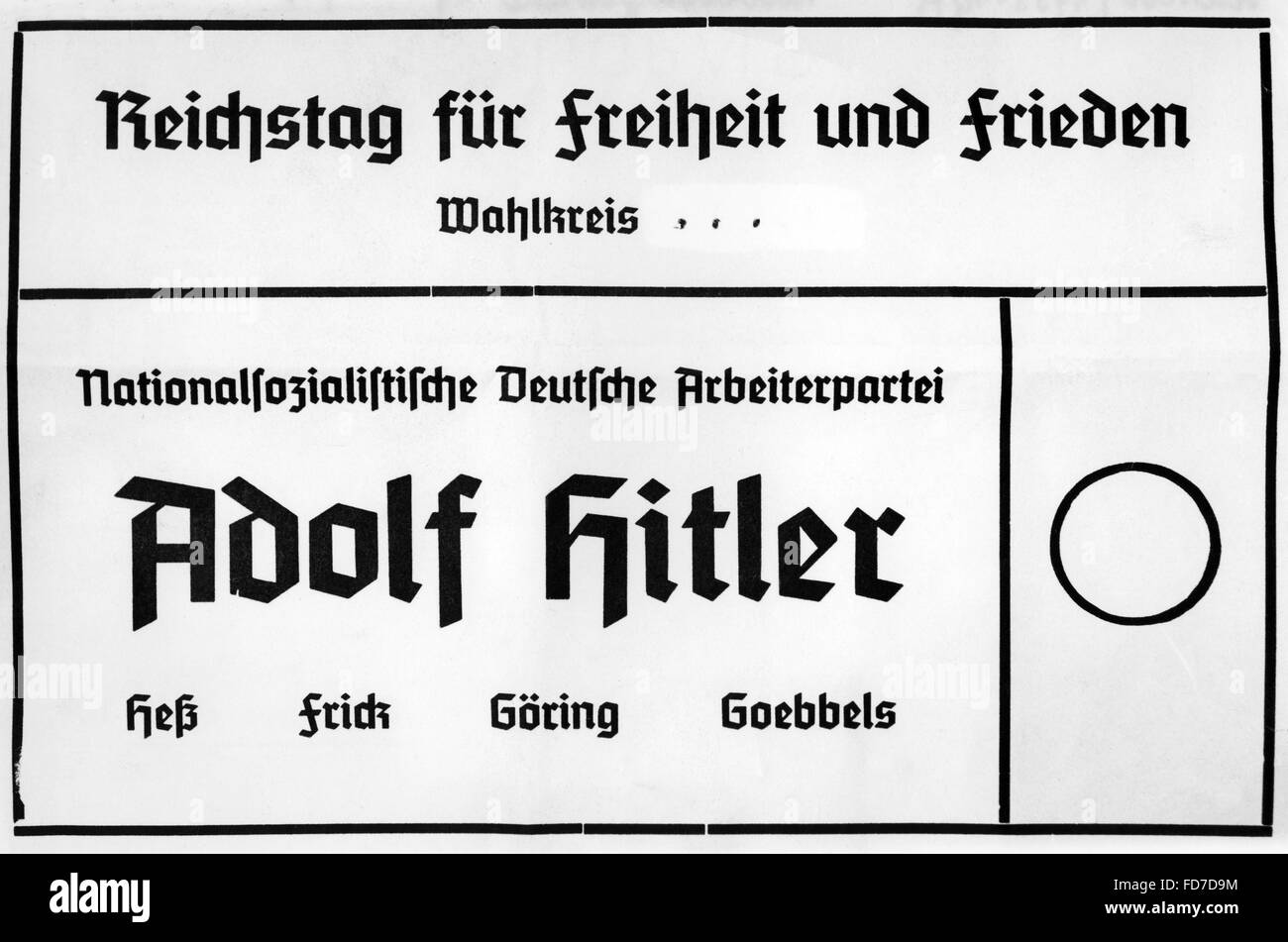Stimmzettel für die Reichstagswahlen 1936 Stockfoto