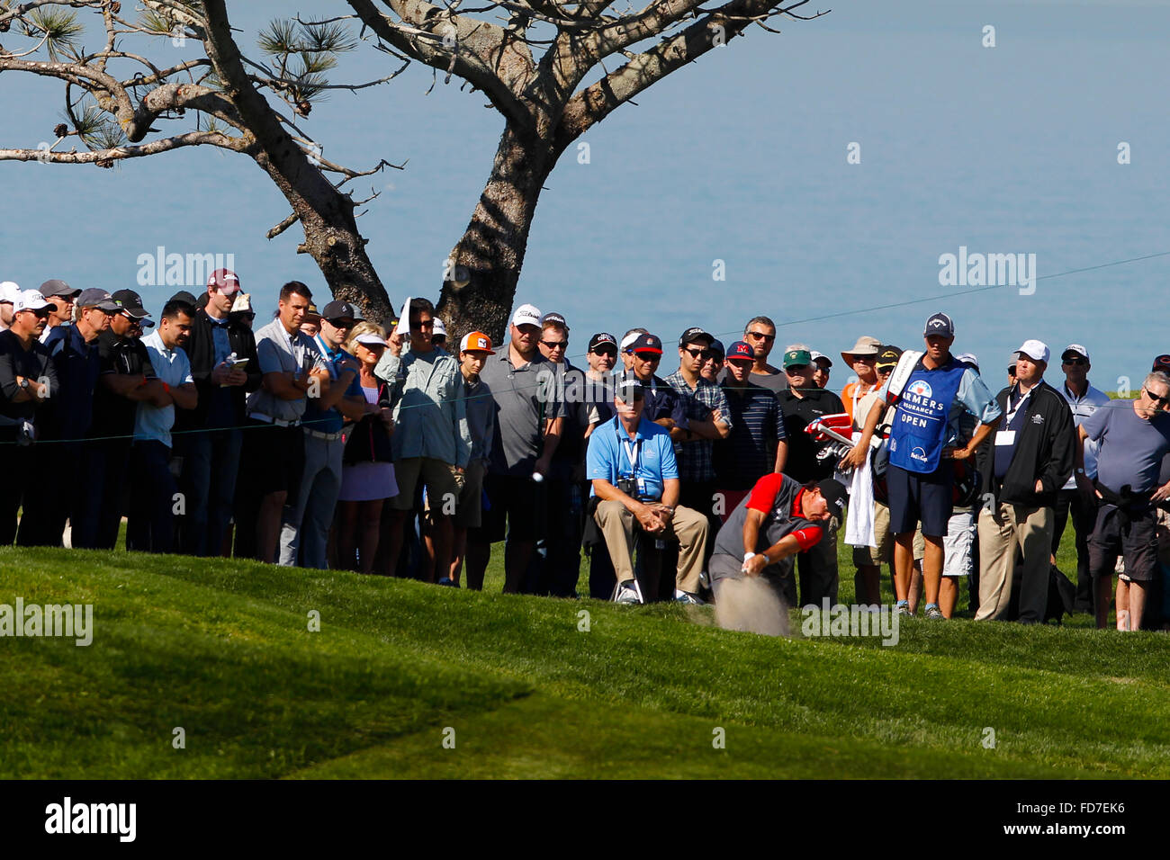 San Diego, CA, USA. 28. Januar 2016. SAN DIEGO, CA, USA--28. JANUAR 2016:. In der ersten kommt Runde an Farmers Insurance Open Phil Mickelson aus Sandfang am 5. Loch im Torrey Pines Südkurs. Bildnachweis: Nelvin C. Cepeda/U-T San Diego/ZUMA Draht/Alamy Live-Nachrichten Stockfoto