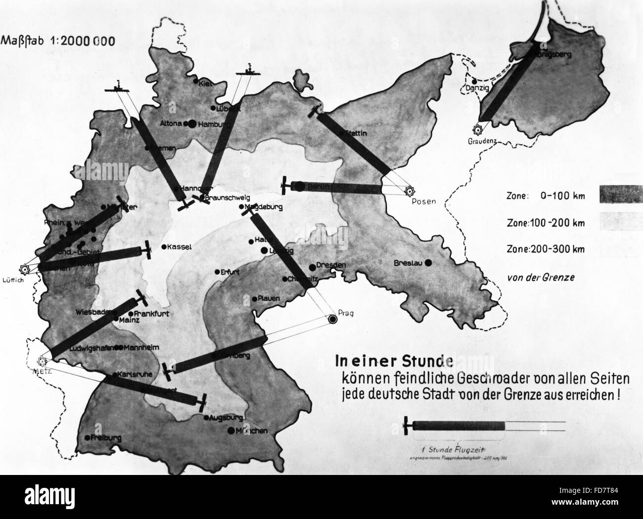 Abbildung der Bedrohung durch Luftangriffe auf Deutschland Stockfoto