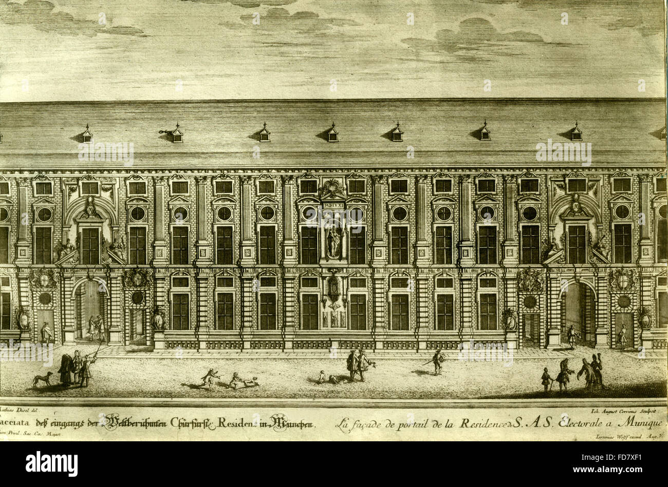 Die Residenz in München auf einer Radierung, erste Hälfte 18. Jahrhundert Stockfoto