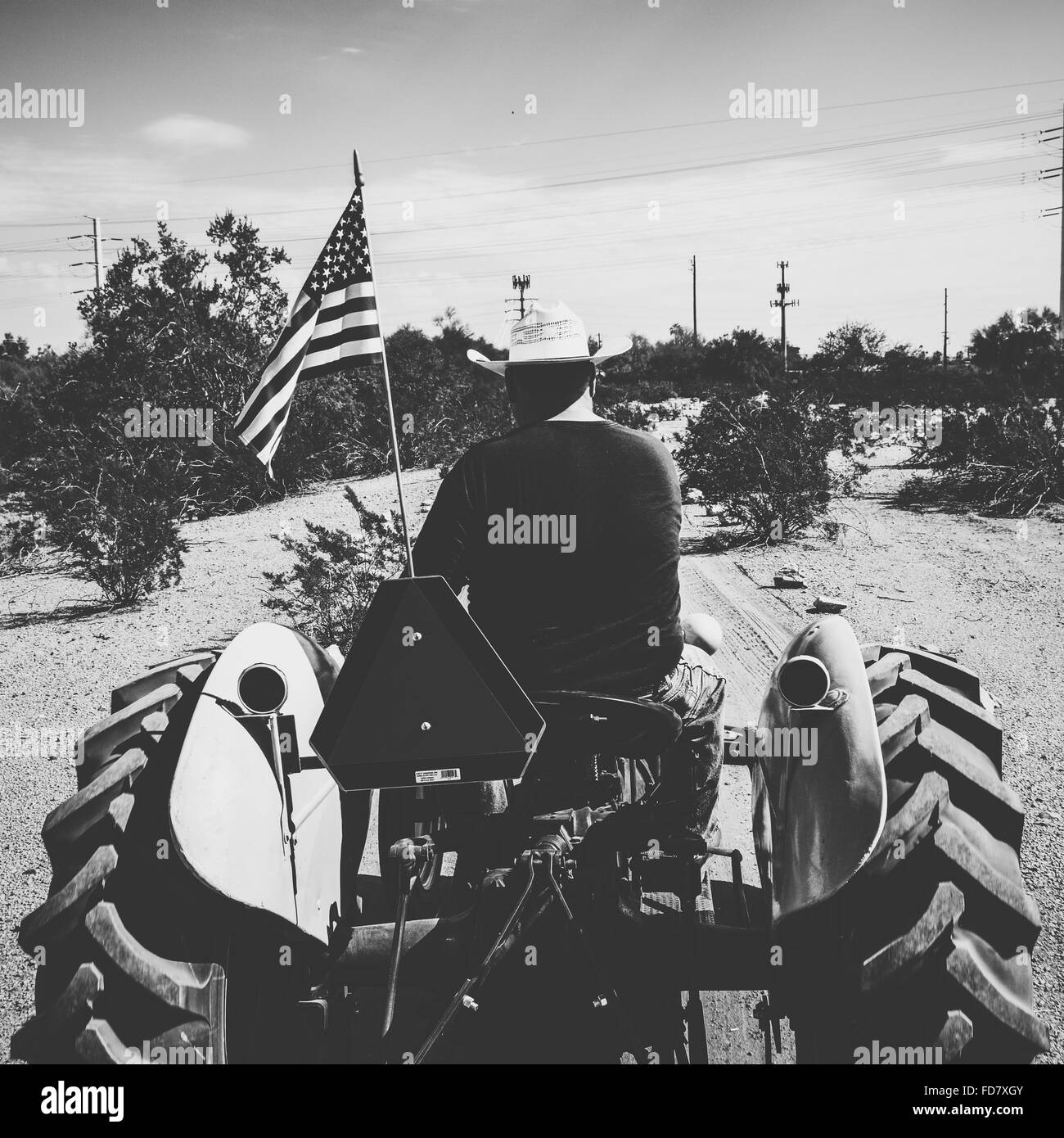Rückansicht des Mannes mit der amerikanischen Kultur auf Traktor Stockfoto