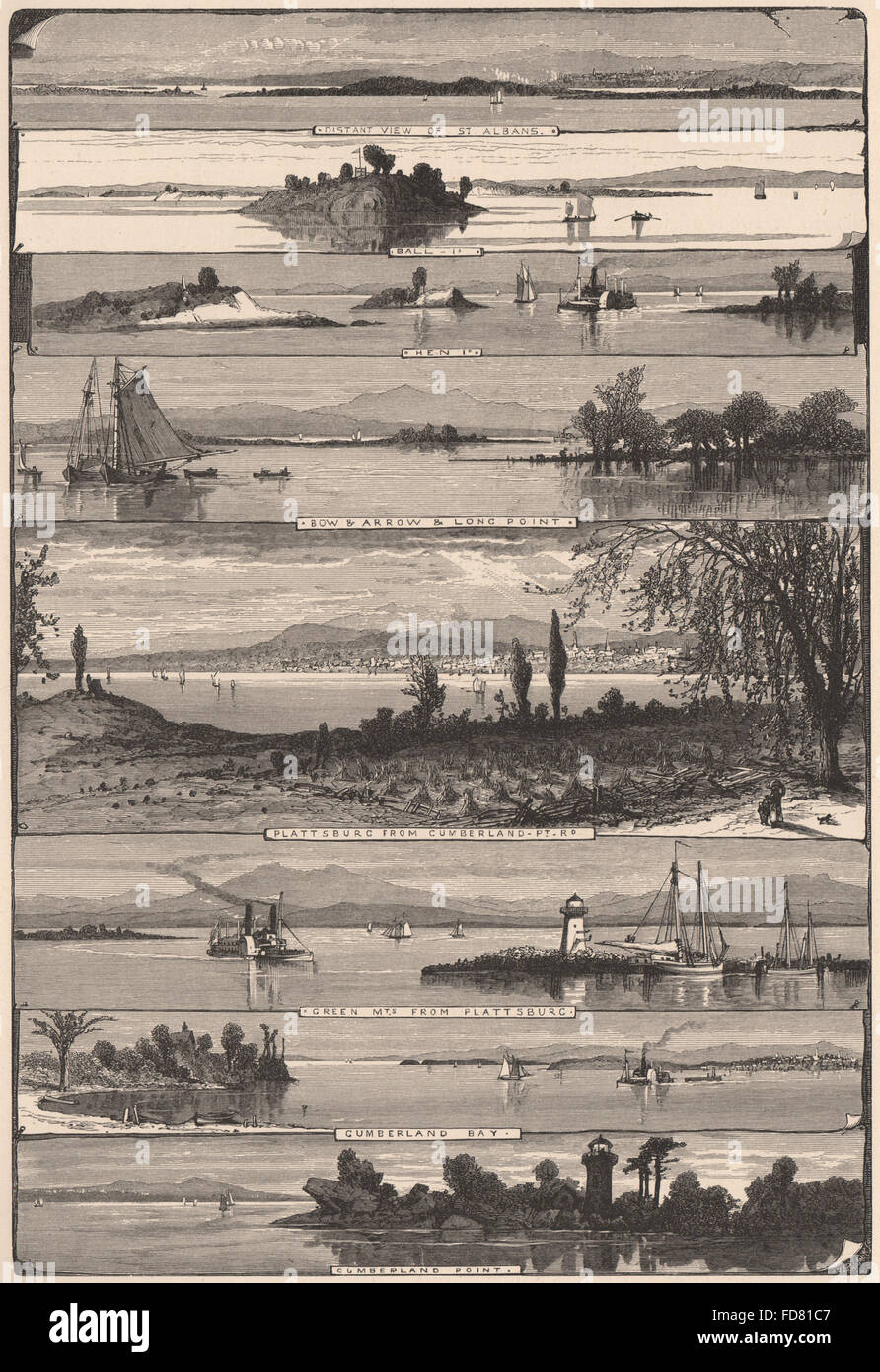 LAKE CHAMPLAIN: Plattsburg, St. Albans. Cumberland Bay. Grüne Berge, 1874 Stockfoto