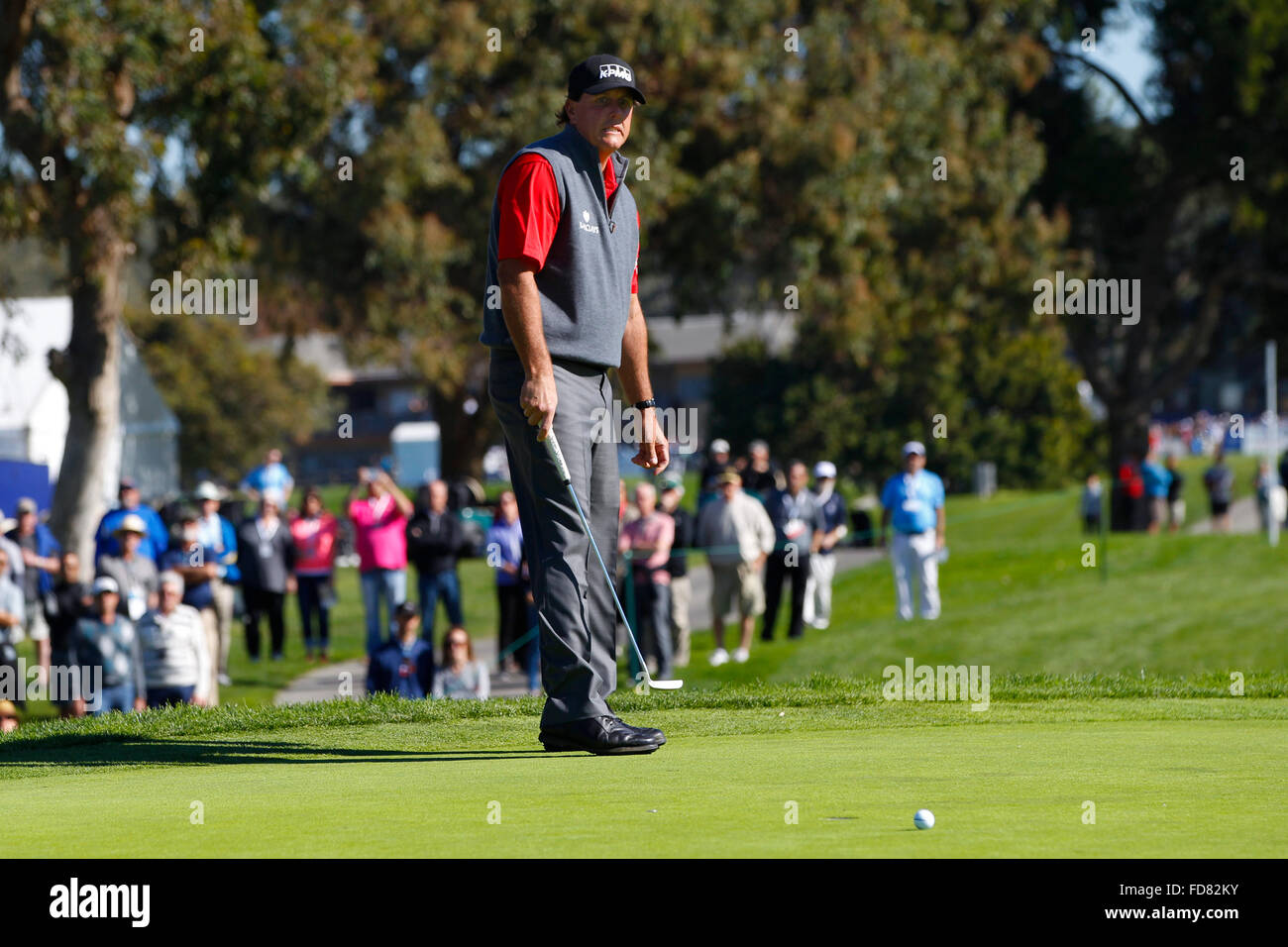 San Diego, CA, USA. 28. Januar 2016. SAN DIEGO, CA, USA--28. JANUAR 2016:. In die erste Runde an Farmers Insurance Open Phil Mickelson verzog das Gesicht, als er das 1. Loch im Torrey Pines Südplatz vermisst. Bildnachweis: Nelvin C. Cepeda/U-T San Diego/ZUMA Draht/Alamy Live-Nachrichten Stockfoto