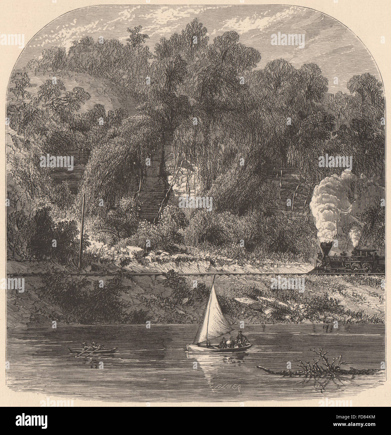 MINNESOTA: Natürliche Kalksteinmauern unter St. Paul. Dampfzug. Mississippi 1874 Stockfoto