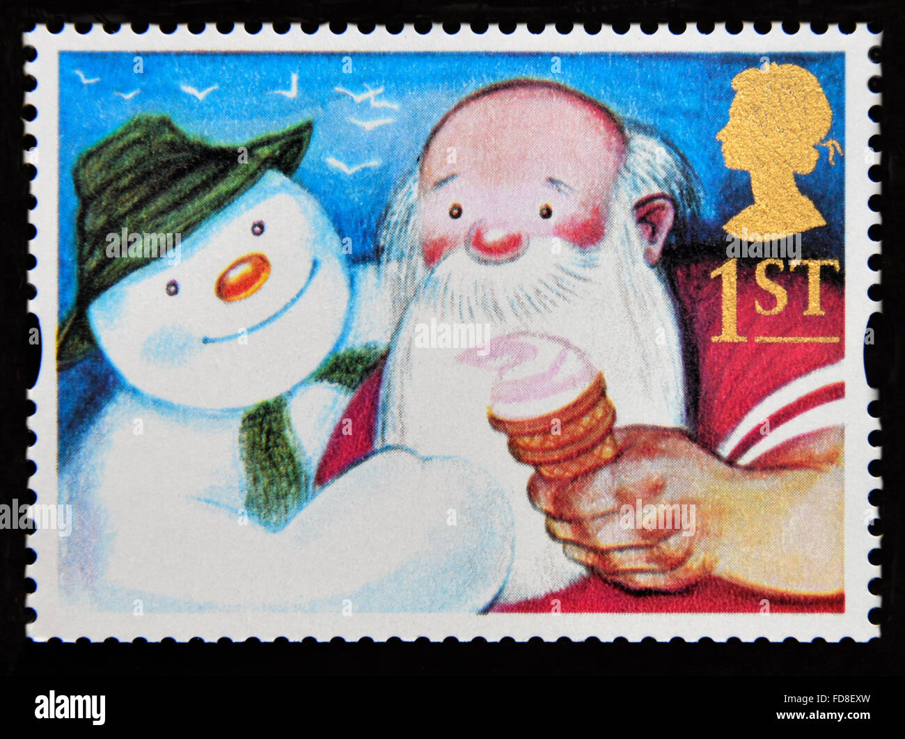 Briefmarken. Great Britain. Königin Elizabeth II. 1993. Grüße Briefmarken. "Schenken". Schneemann und Weihnachtsmann. 1.. Stockfoto